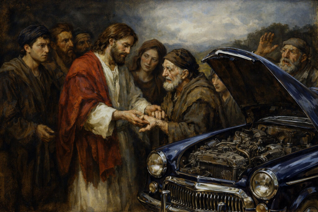 Jesus healing mans hand by car younger