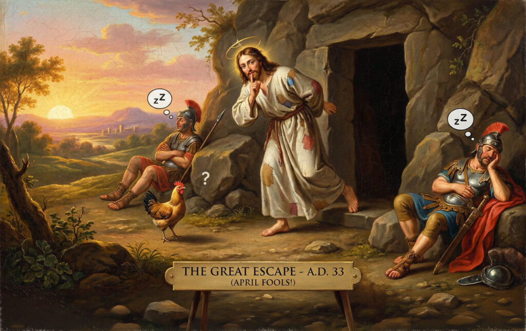 A painting depicts Jesus emerging from a rocky cave opening, with two snoozing Roman soldiers and a rooster nearby. Text at the bottom reads “THE GREAT ESCAPE - A.D. 33